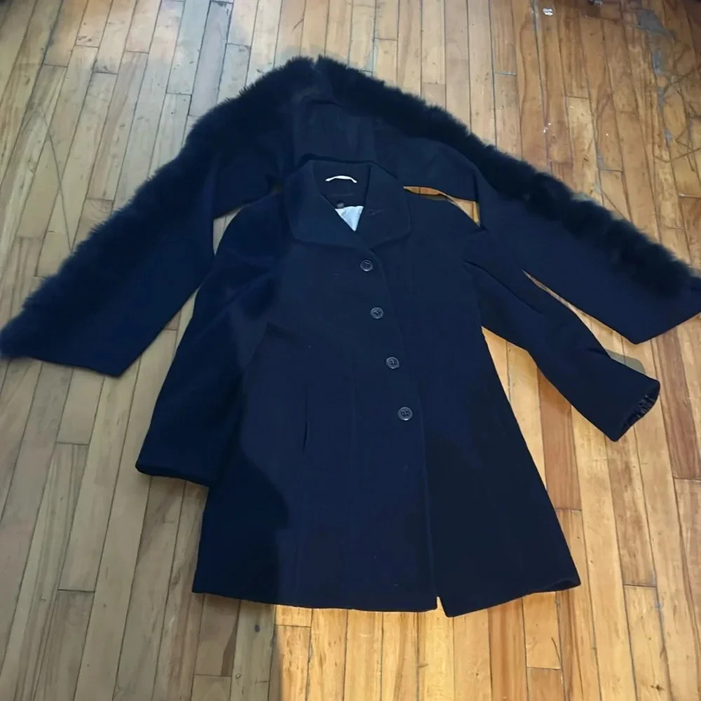 Vintage navy blue wool blend pea coat with attached fur lined balaclava